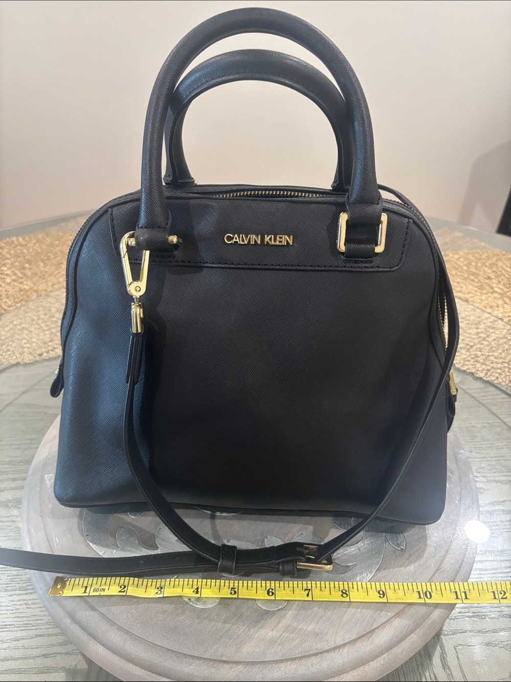 Calvin Klein Black Leather Dome Satchel with Gold Hardware - Picture 4 of 13